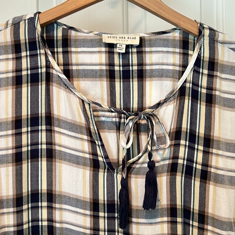 Skies Are Blue Stitchfix blue plaid blouse with tie front